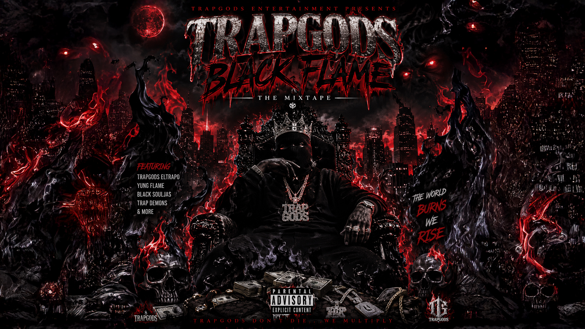 Trap God Black Flame artwork with red fire, smoke, and city shadows